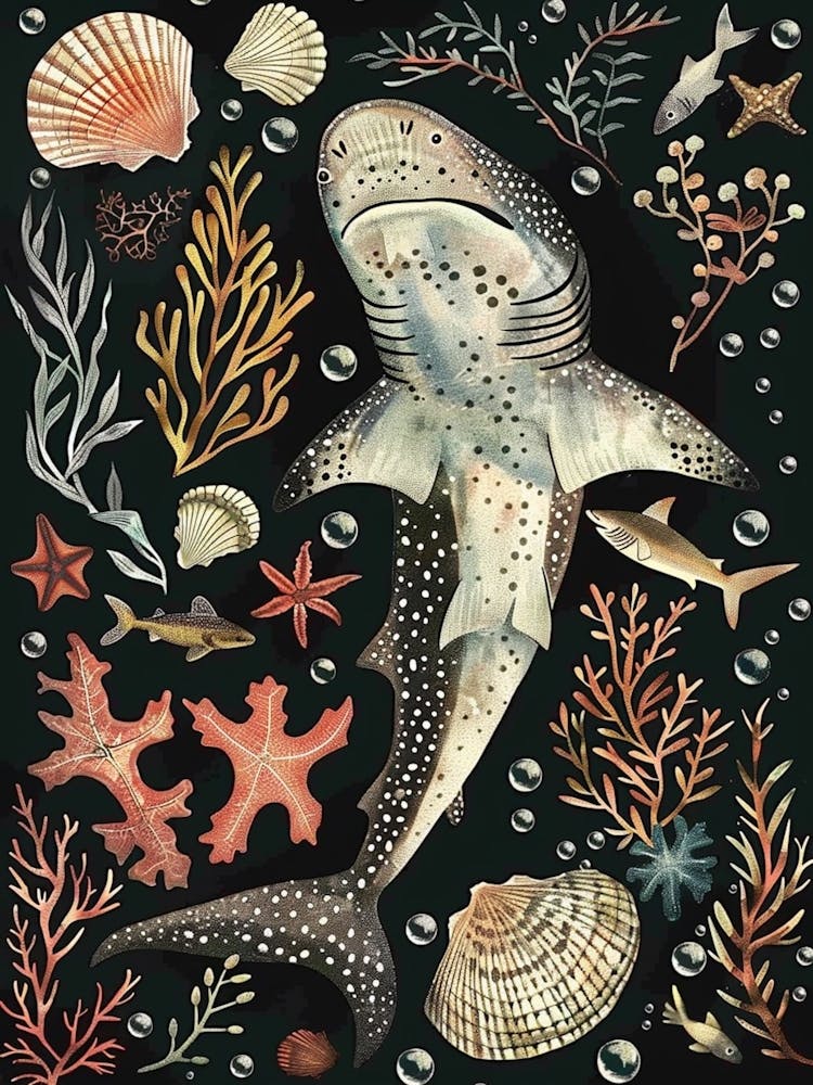 Whale Shark Seascape Black Background Illustration 3