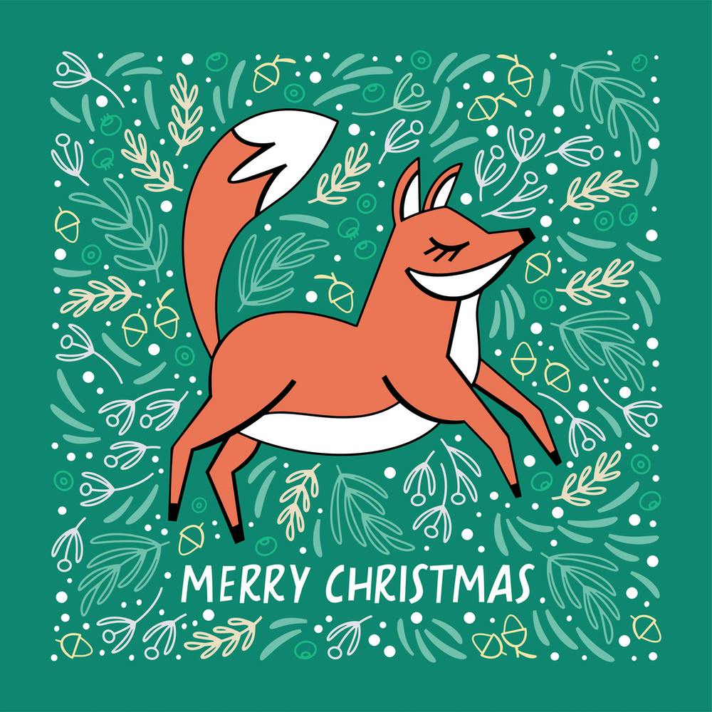 Christmas Fox Green Square Illustrated
