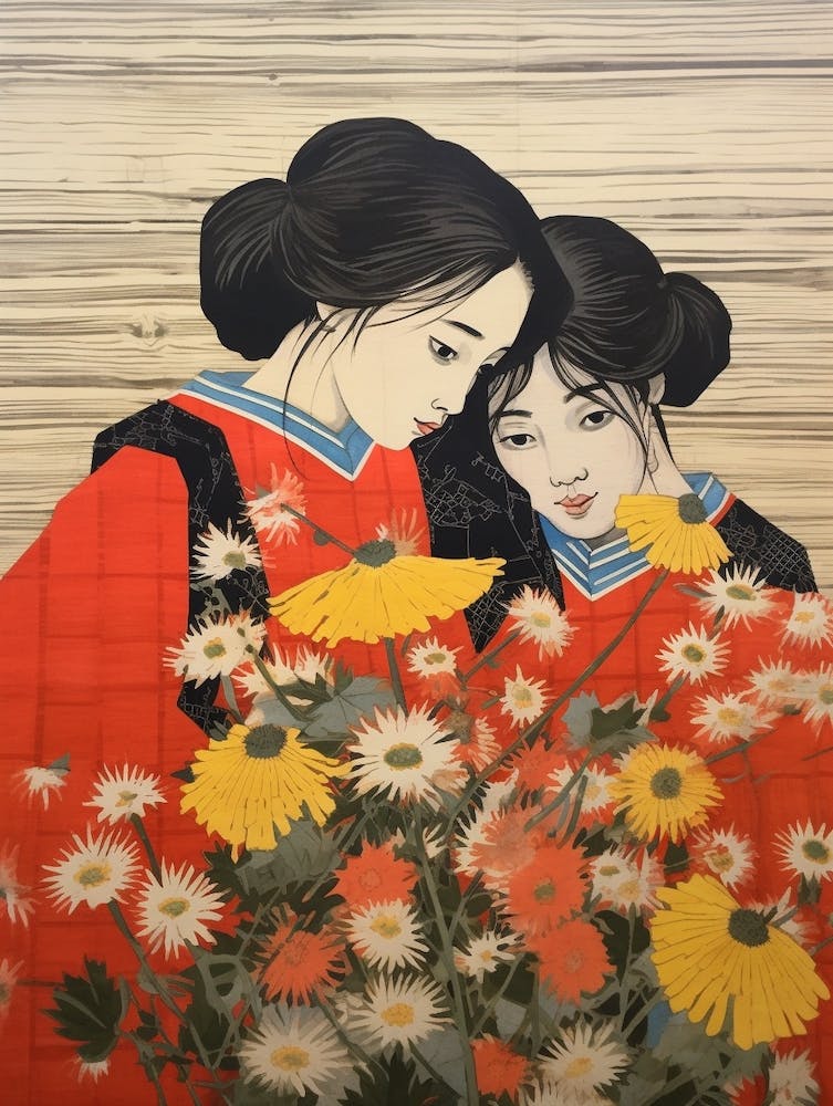 Hanagasa Japanese Florist Daisy 3 Vintage Botanical Woodblock