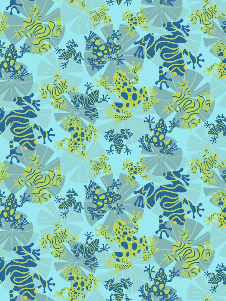 Playful Green And Blue Frogs Frolicking Across A Canvas Of Overlapping Gray Lily Pads On A Light Blue Background