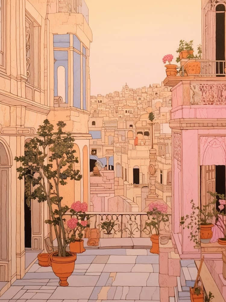Athens Greece 1 Vintage Pink Travel Illustration