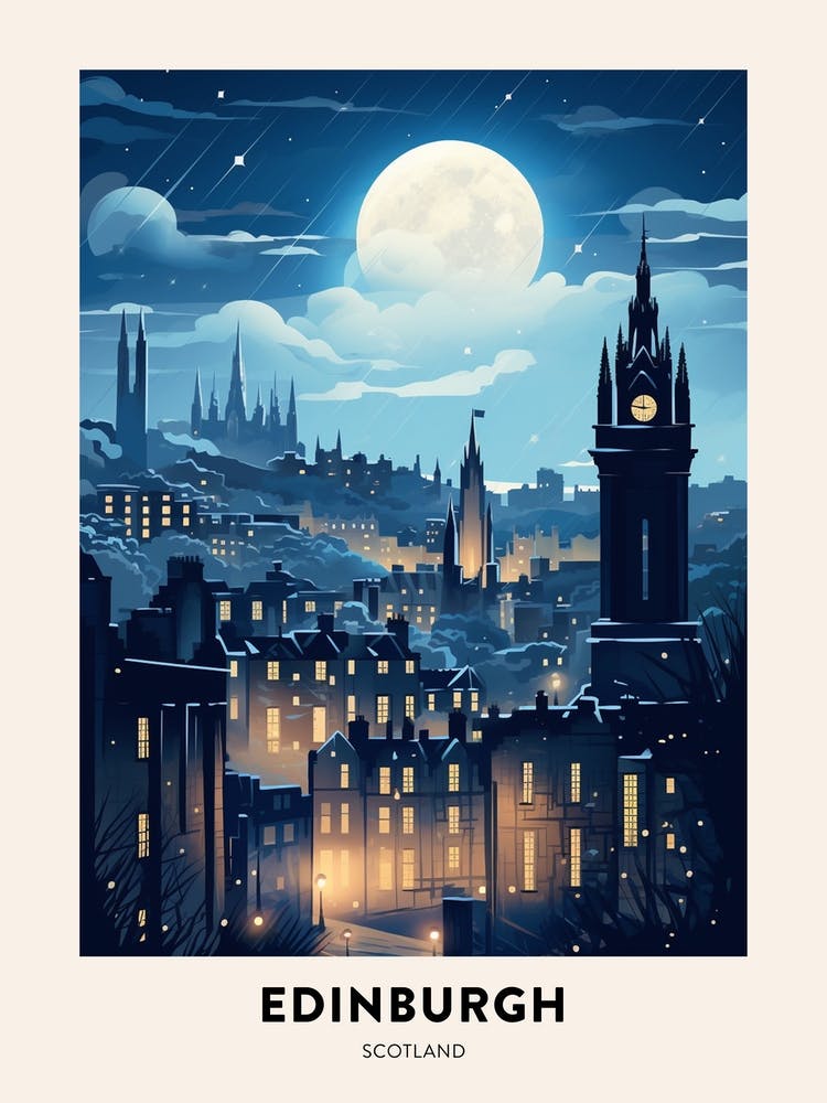 Winter Night  Travel Poster Edinburgh Scotland 1