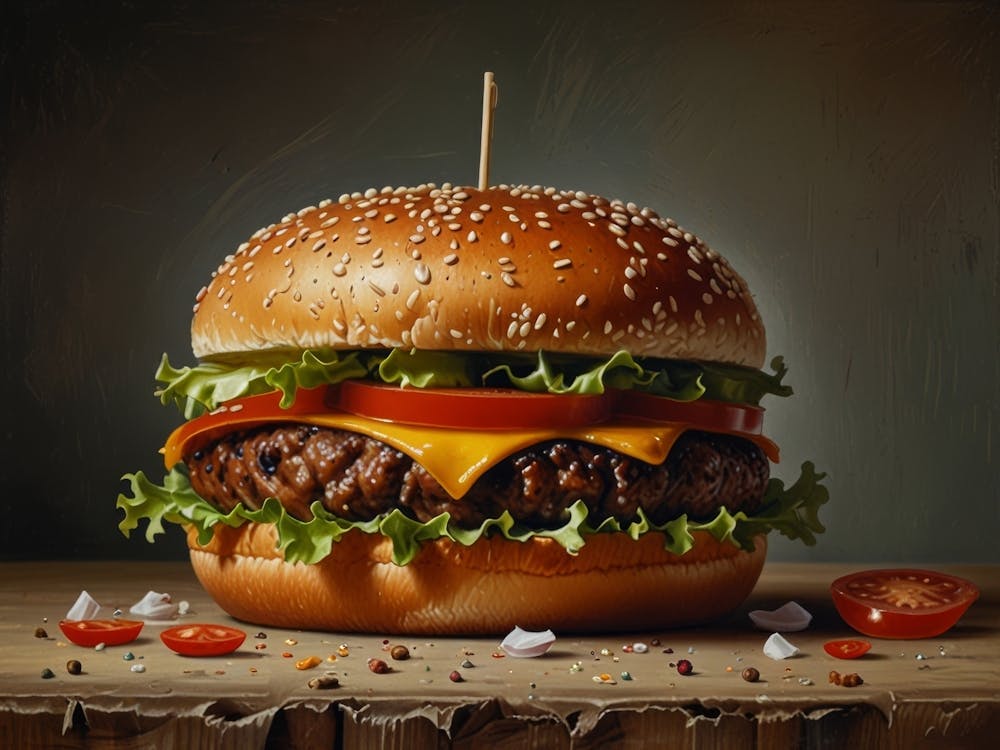 Burger On A Wooden Table art
