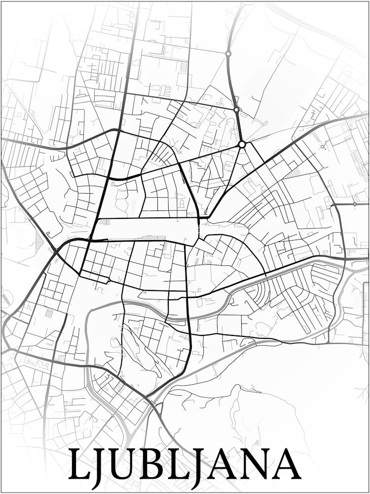 Ljubljana, Slovenia, City Map, Black And White Fade Design