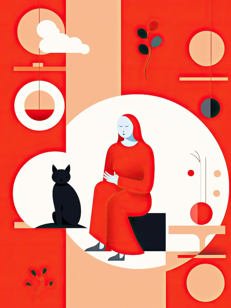 Red woman and black cat