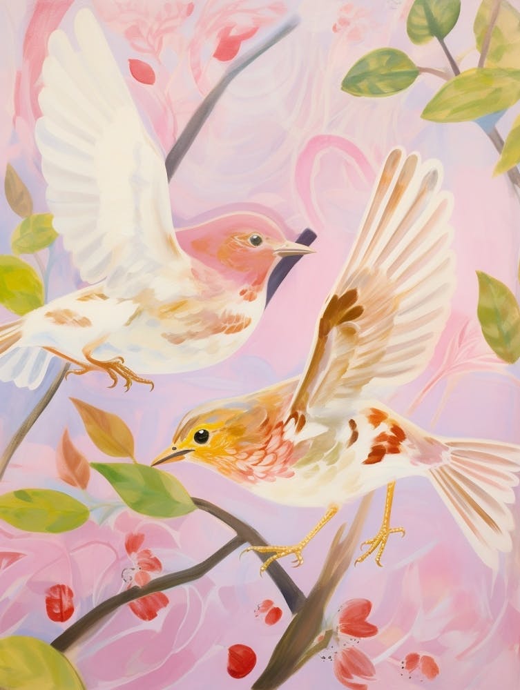 Peinture d'oiseau éthérée rose - Grive solitaire 1