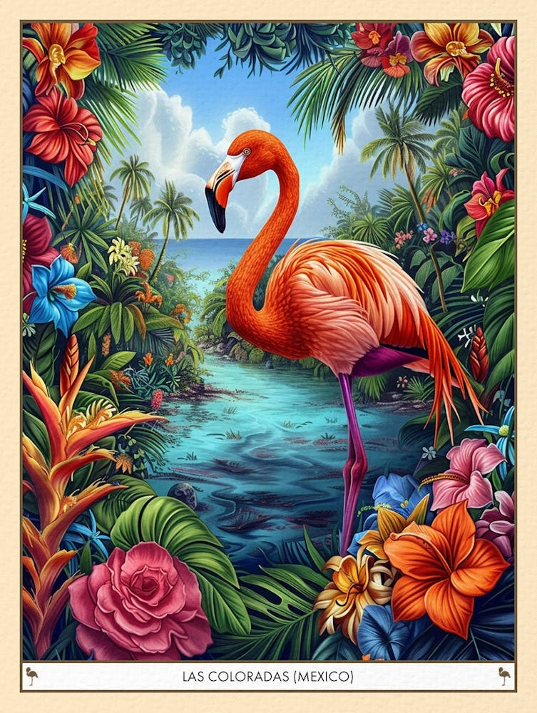 Greater Flamingo Las Coloradas Mexico Tropical Illustration 1 Poster