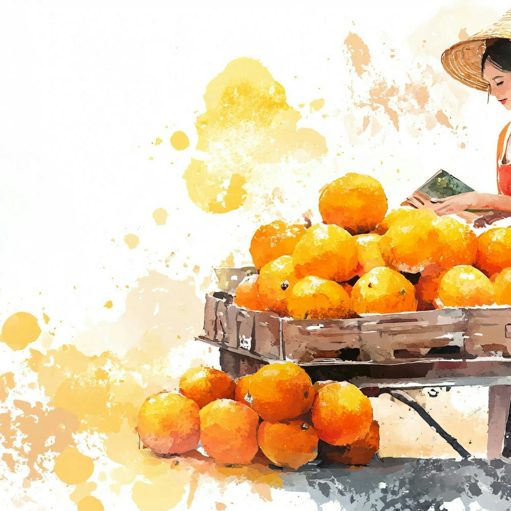 Watercolor Of A Woman Buying Oranges