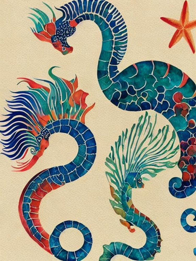 Hippocampe Graphique Vintage Aquarelle