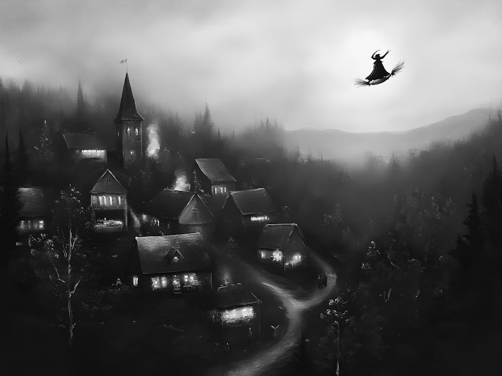 Witch Flying Over A Village