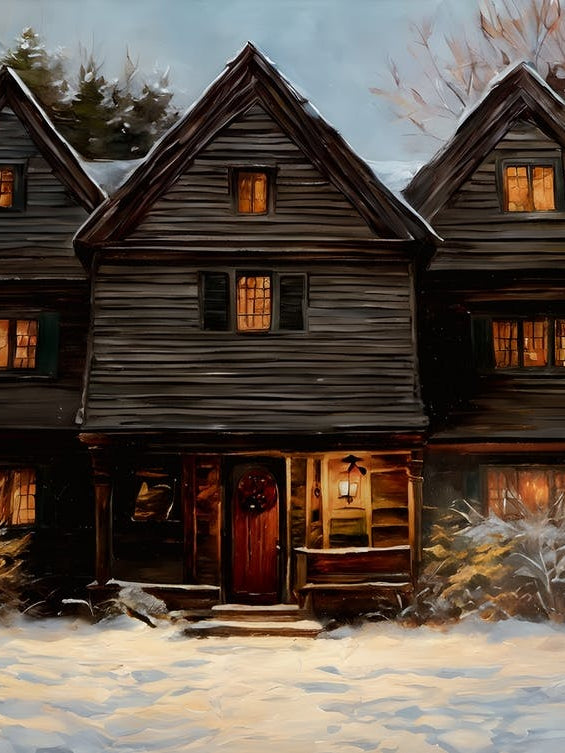 Salem Witch House in the Snow - Oil Painting Winter Witches Scene Witchy - Salem Witch Trials Halloween Samhain Yule Candlelight Spooky Vintage New England