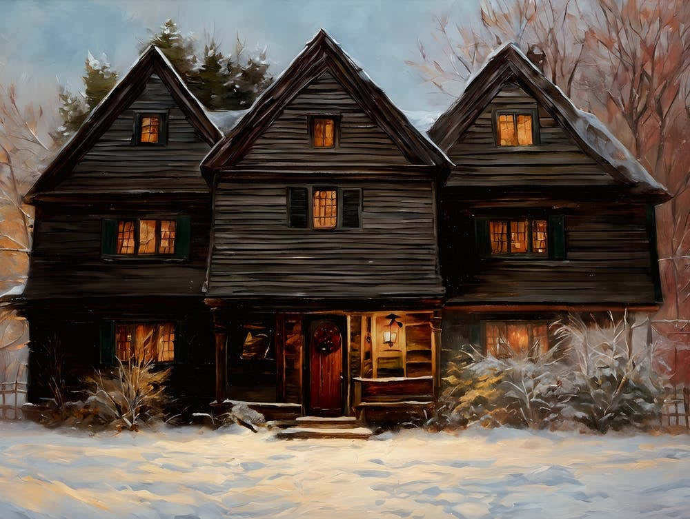 Salem Witch House in the Snow - Oil Painting Winter Witches Scene Witchy - Salem Witch Trials Halloween Samhain Yule Candlelight Spooky Vintage New England