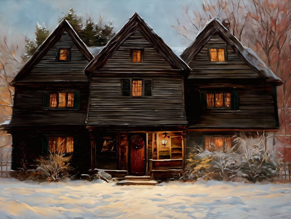 Salem Witch House in the Snow - Oil Painting Winter Witches Scene Witchy - Salem Witch Trials Halloween Samhain Yule Candlelight Spooky Vintage New England