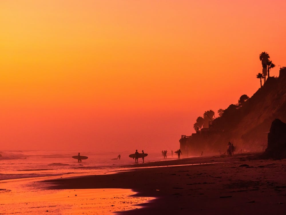 Surfers On The Beach During Evening Warmth