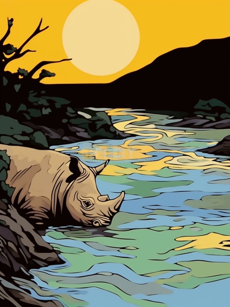 Rhino Bathing In The River Simple Illustration 1