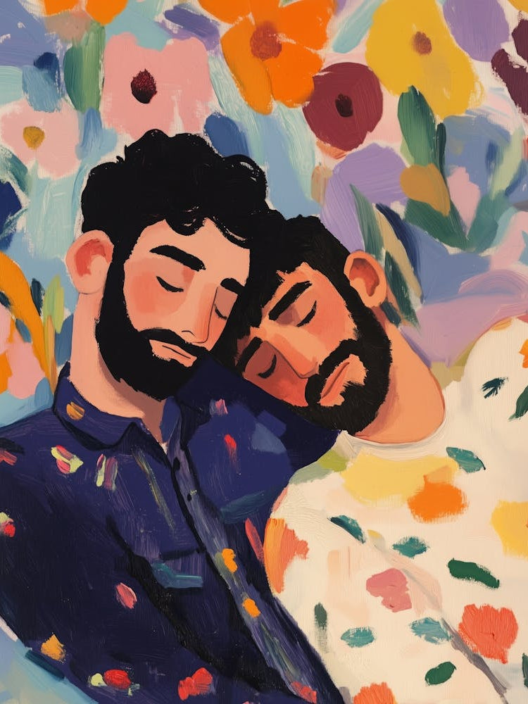 Gay Couple Cuddles Gouache Painting