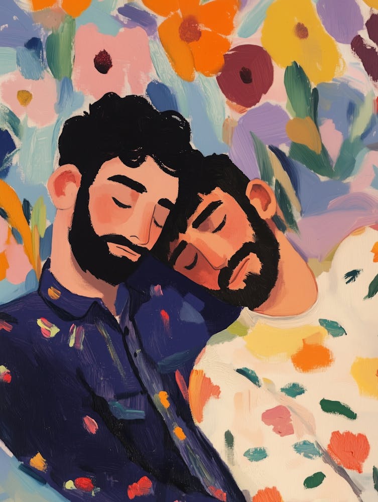 Gay Couple Cuddles Gouache Painting