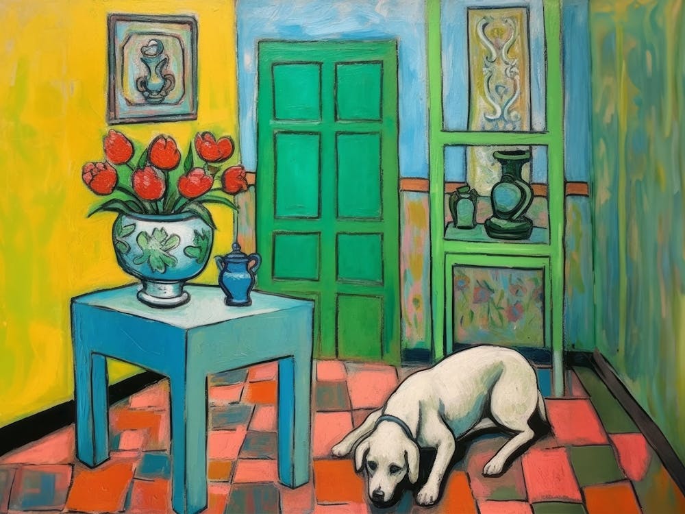 Dog in Green Yellow Room. Retro Oil Henry Matisse Style Interior Painting