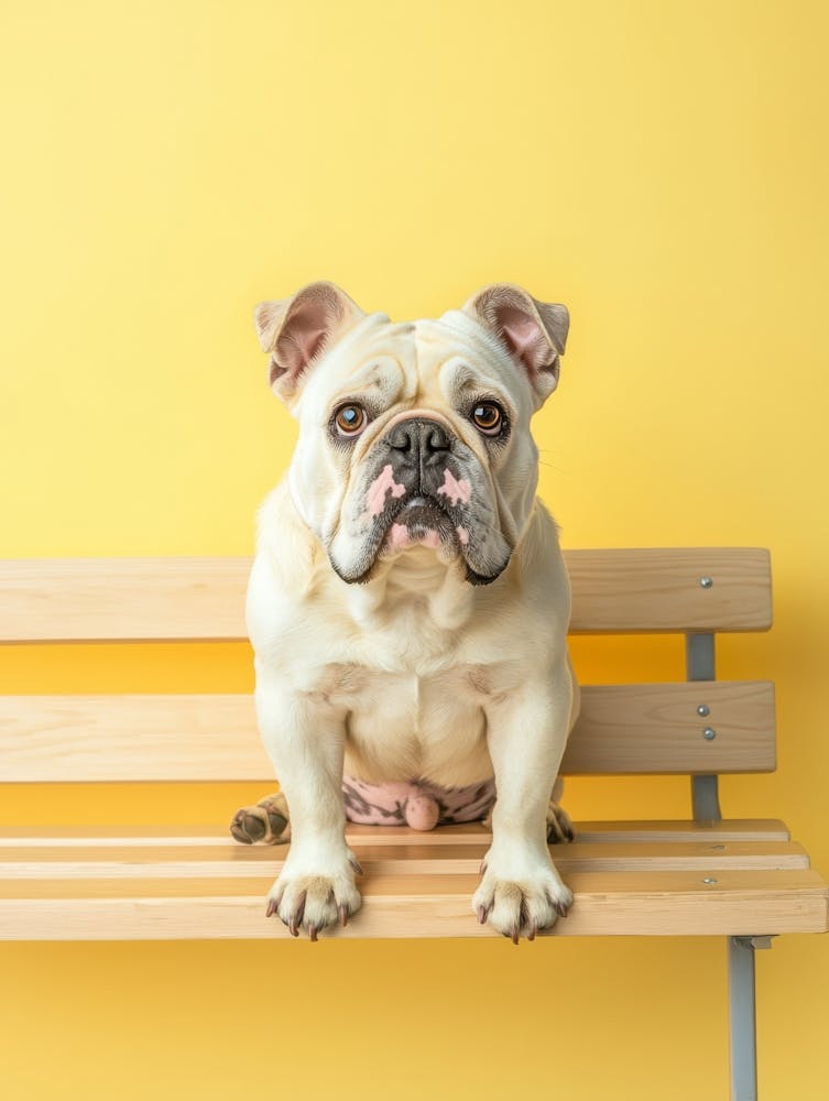 Bulldogge sitzt auf einer Bank. Generiert von KI. Wand