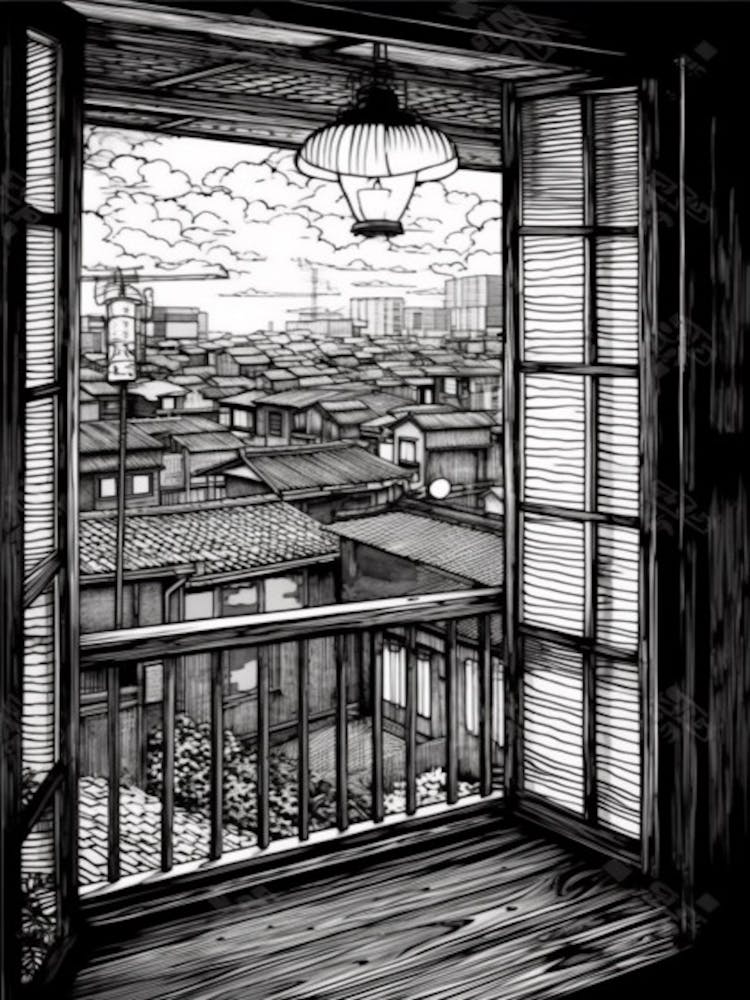 A Window View Of Tokyo In The Style Of Black And White  Line Art 1