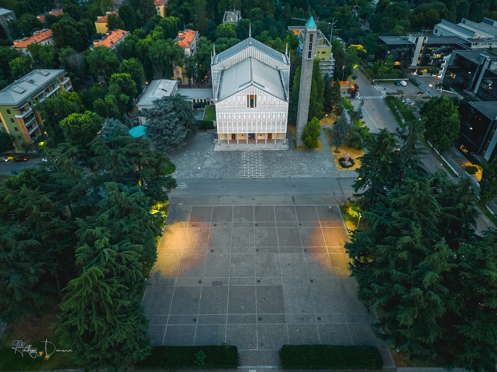 Aerial view Church of Santa Barbara in Milan, San Donato Milanse.