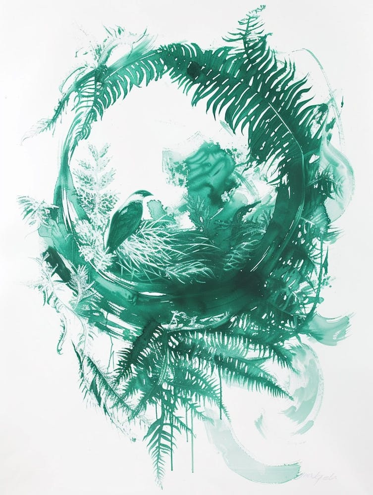 Green Ink Painting Of A Birds Nest Fern 4