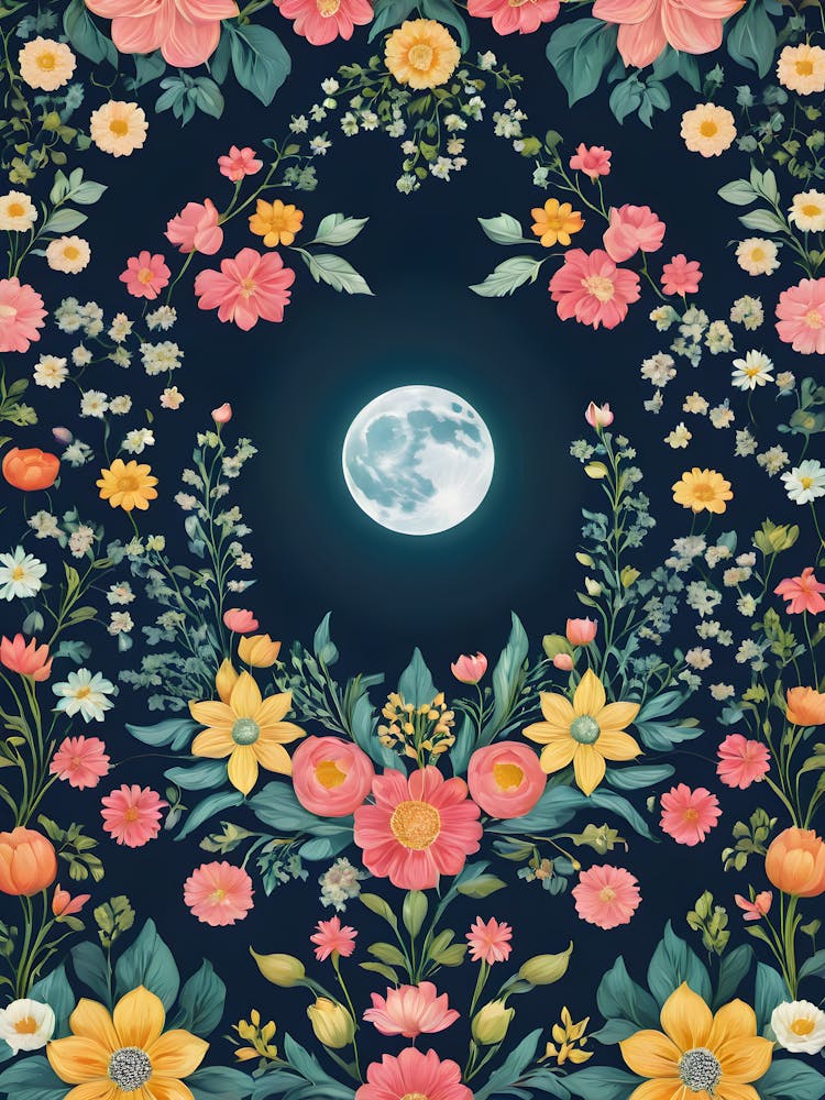 Painted Summer Flowers and Full Moon Boho Pattern on a Full Moon - Navy Background, Stars, Moon Art Like Amy Butler and William Morris Fabric Print For Lunar Pagan Gallery Feature Wall Floral Botanical Luna Lover HD