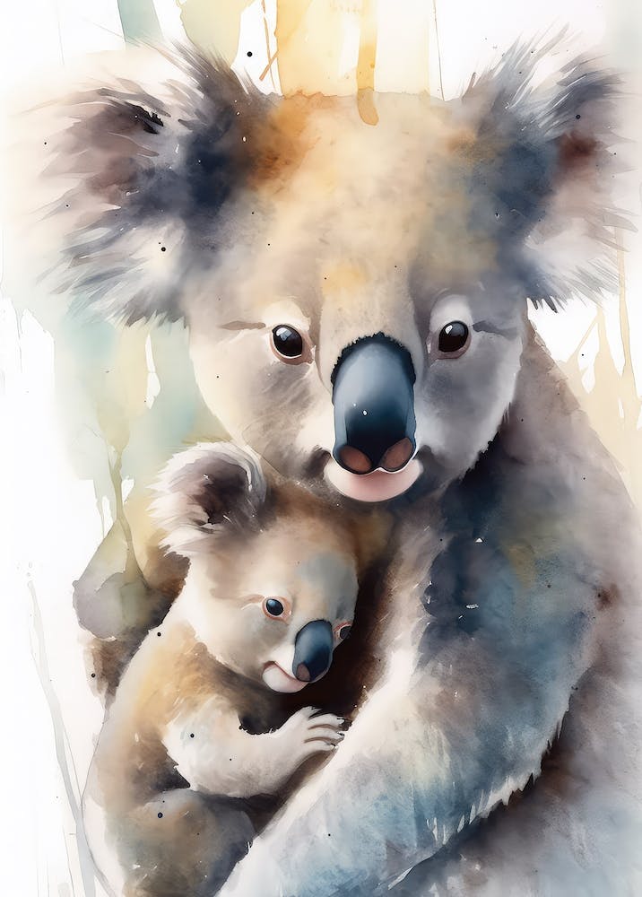 Baby Koala With Mom Watercolor