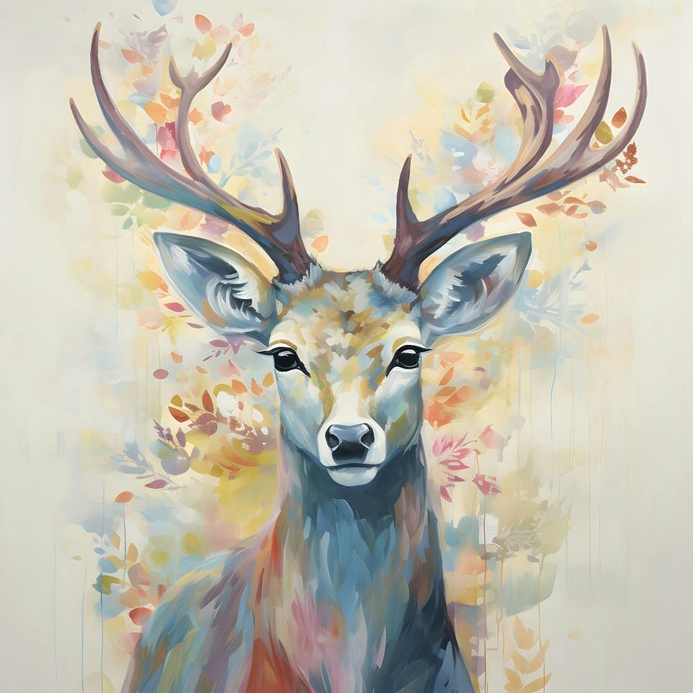 Rentier Hirsch Pastell Malerei mit Blumen und Blätter
