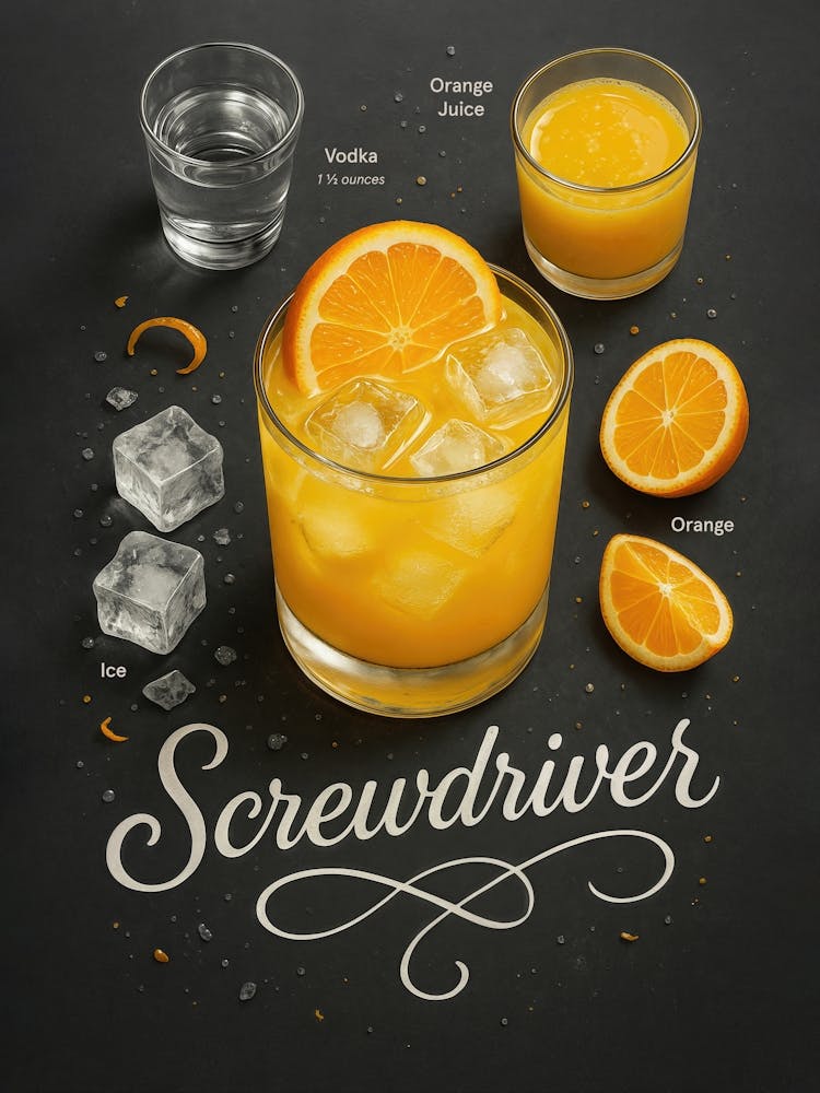 Screwdriver Cocktail Poster – Vodka and Orange Juice: Fruity and fresh, this vibrant screwdriver blends vodka with orange juice for a citrus kick. A clean and colorful poster with bar-style typography – perfect for pub walls, brunch lovers, or fans of sim