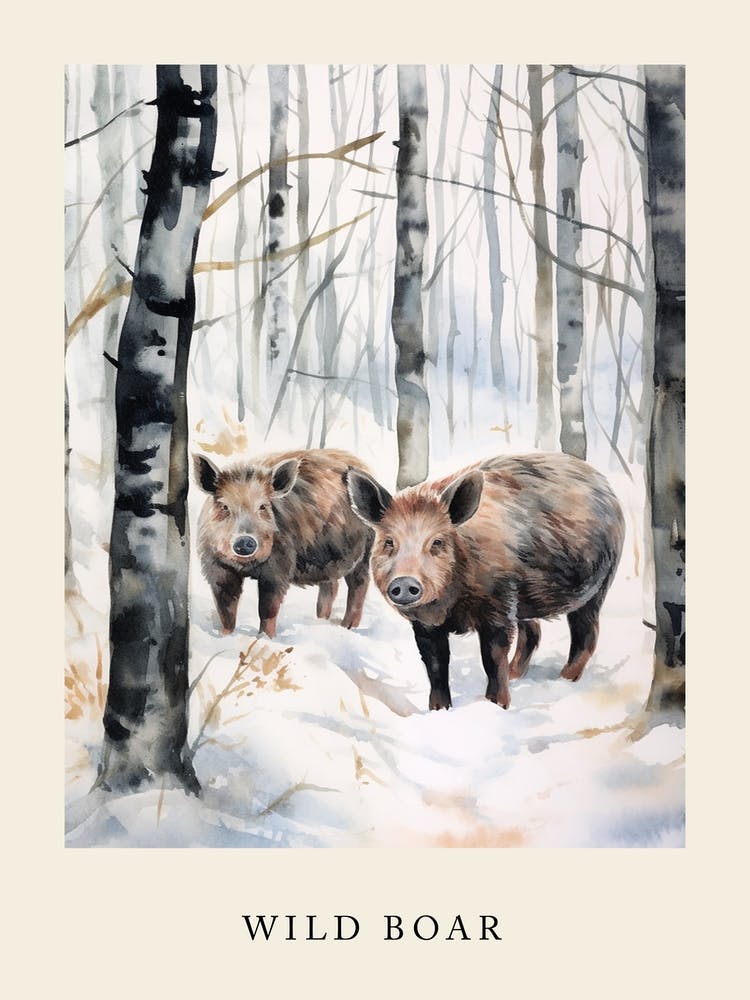 Winter Watercolour Wild Boar 2 Poster