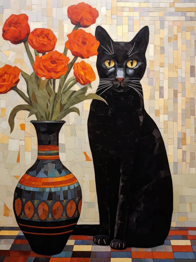 Black Cat With Orange Flowers 1