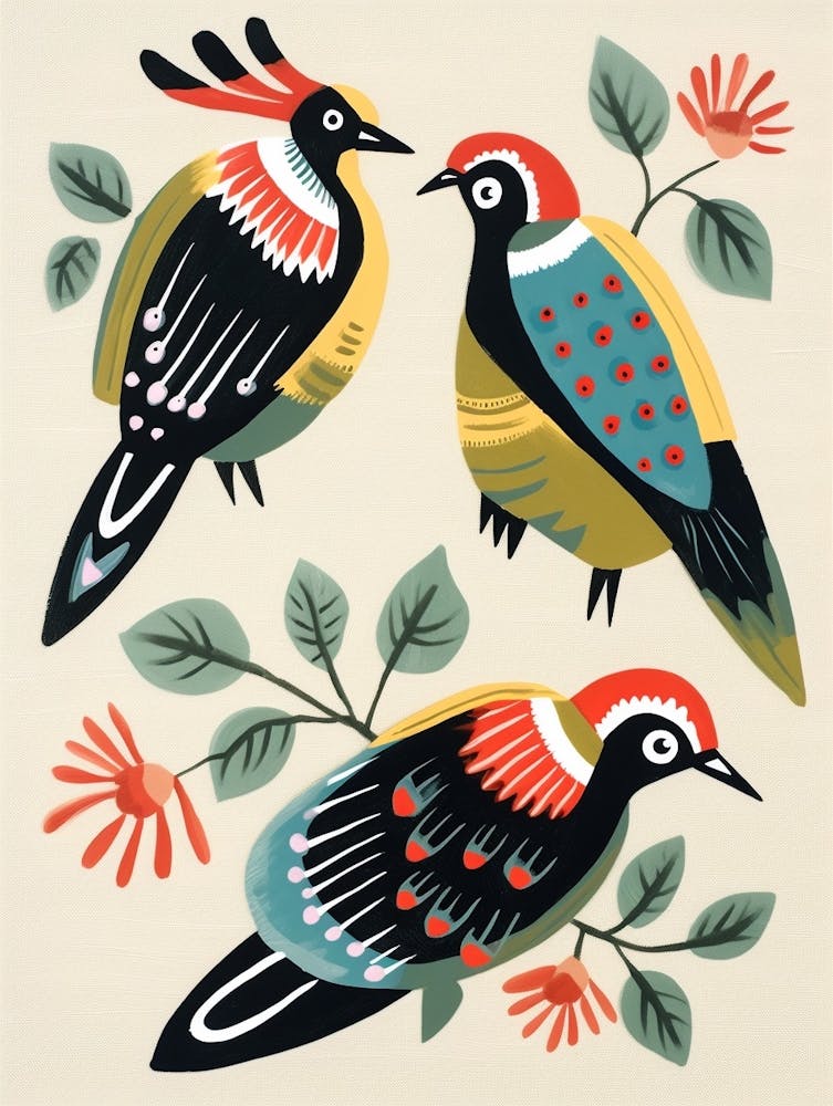 Folk Style Bird Painting Woodpecker 1