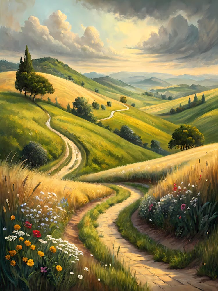 Oil Painting Style Tuscan Rolling Hills Landscape Winding Path with Wildflowers at Sunset
