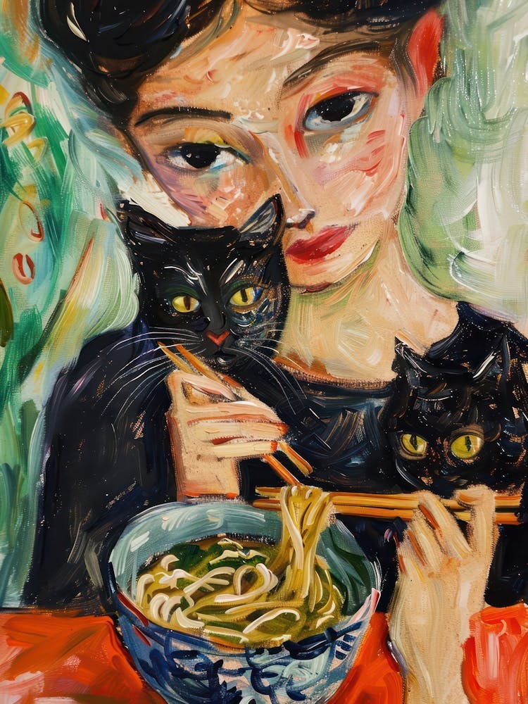Portrait Of A Woman With Cats Eating Ramen 2