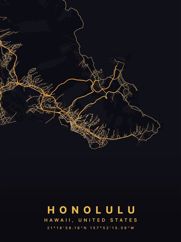 Honolulu Hawaii USA Black And Gold Map
