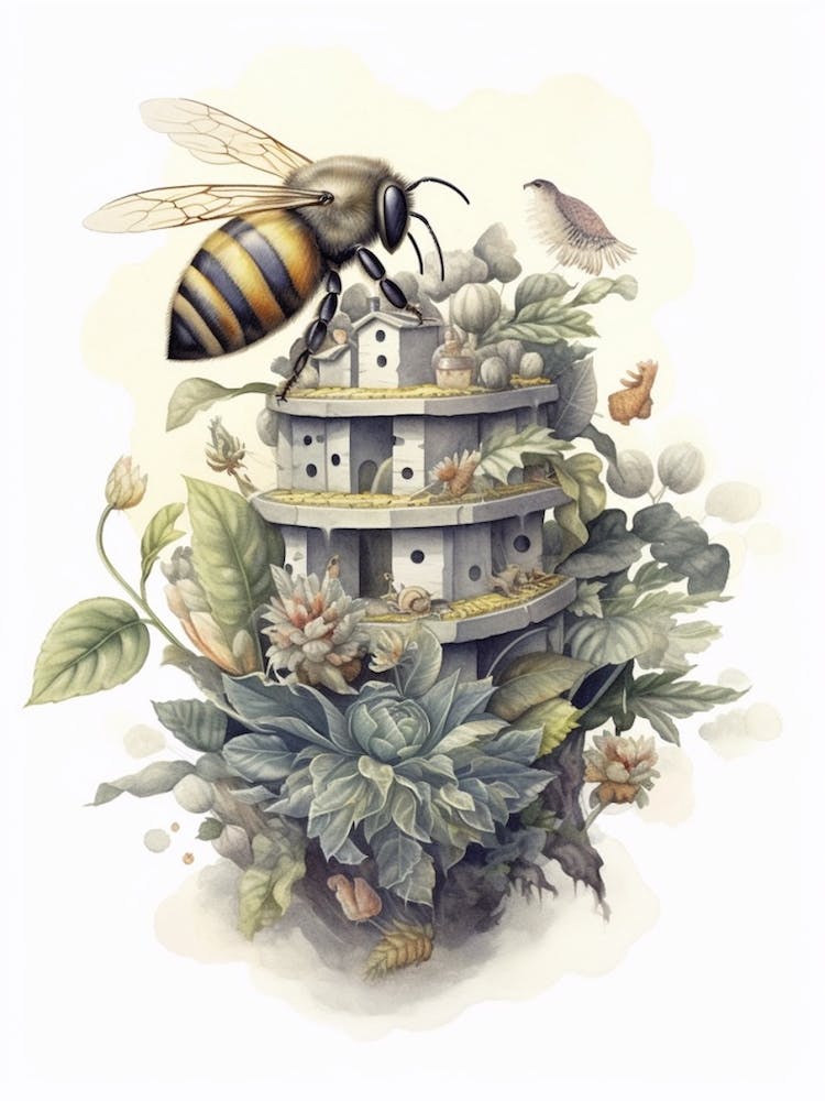 Ashy Cuckoo Bee Beehive Watercolour Illustration 3