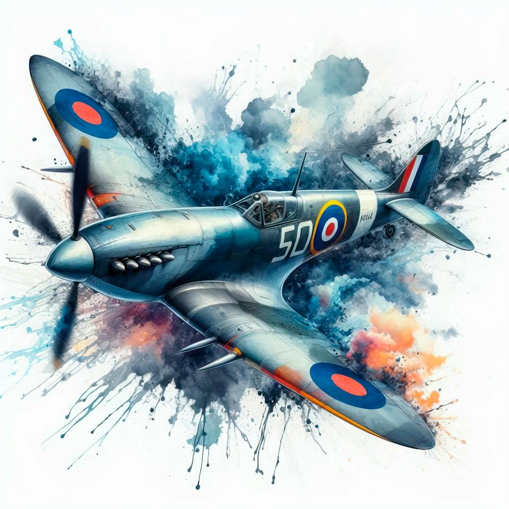 Spitfire At Full Speed Drawn In Watercolor With Splashes