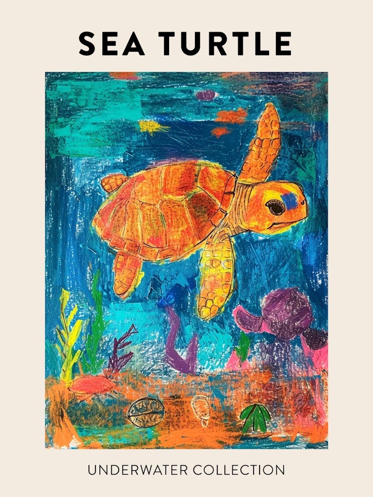 Sea Turtle Underwater Pencil Scribble Poster 2