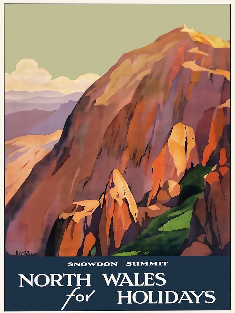 North Wales For Holiday Snowdon Summit Vintage Travel Advertising Poster Print On Metal Plate Or Rock Slate