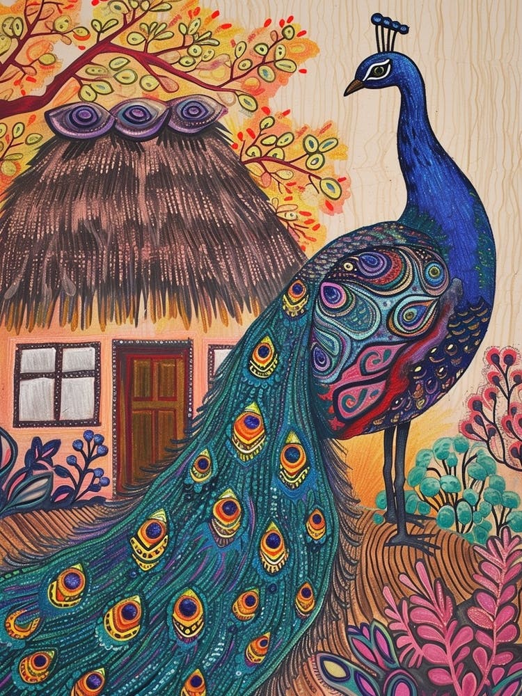 Peacock Outside A Thatched Cottage Illustration 3
