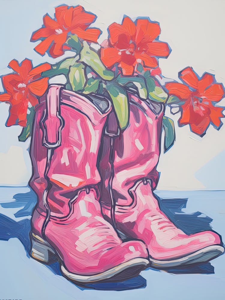 A Painting Of Cowboy Boots With Red Flowers, Fauvist Style, Still Life 7