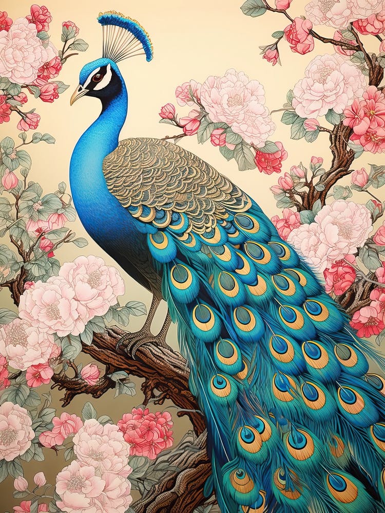 Peacock Animal Drawing In The Style Of Ukiyo E 8