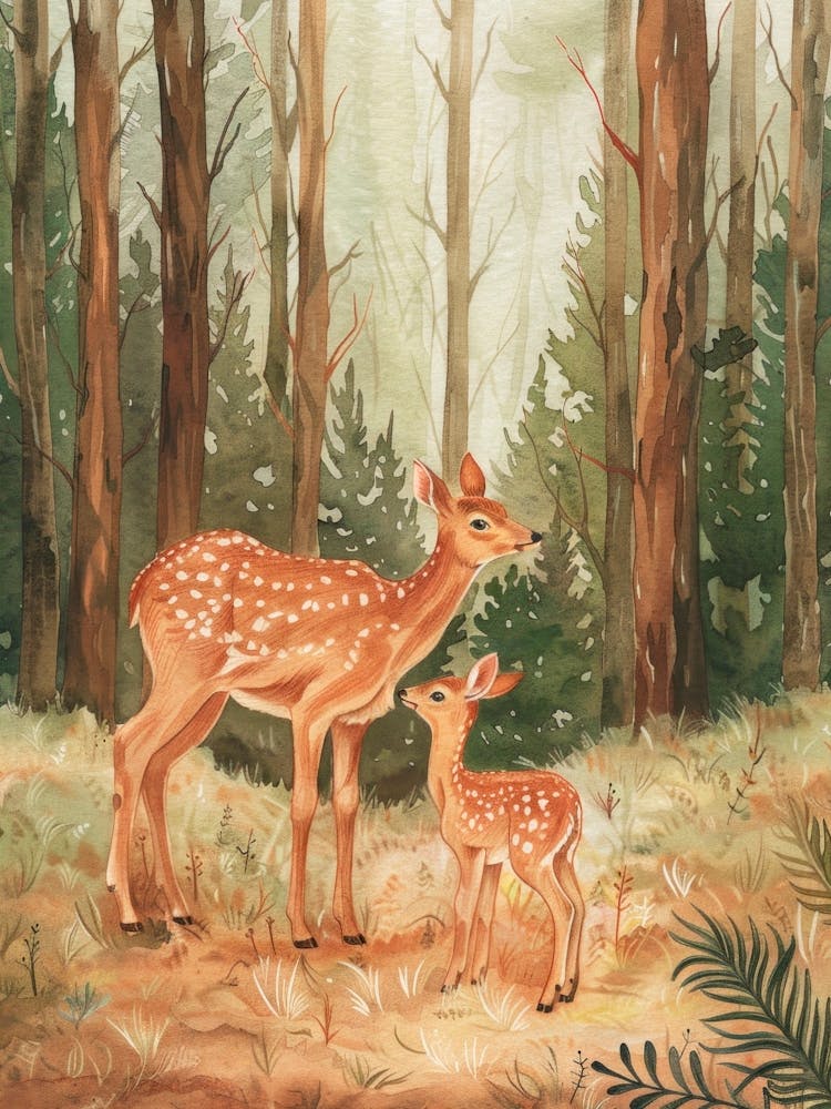 Deer Mom and Her Baby in a Forest. Watercolor Vintage Illustration, Kids Room