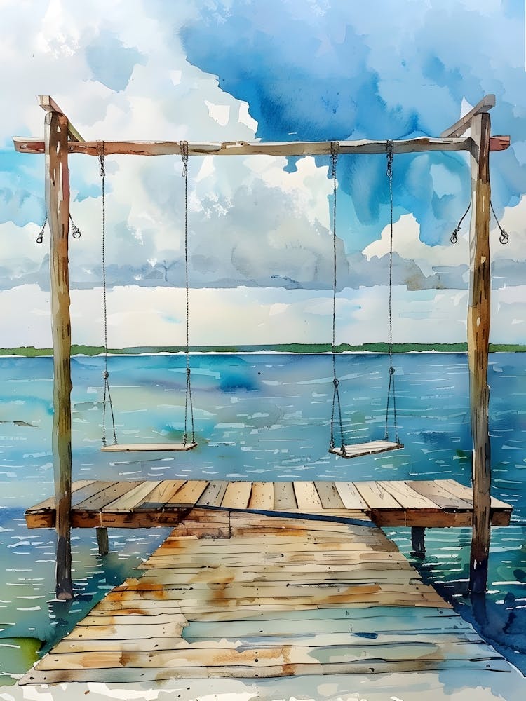 Swings On The Dock Watercolor Painting