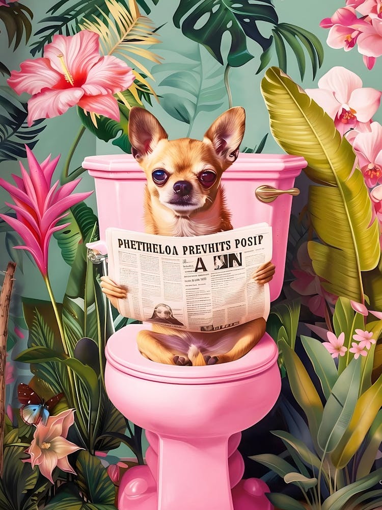 Funny Chihuahua Dog Bathroom Print, Dog In Toilet Print, Cute Dog Poster, Tropical Bathroom Wall Art, Chihuahua Lovers Art, Dog Owners Gift
