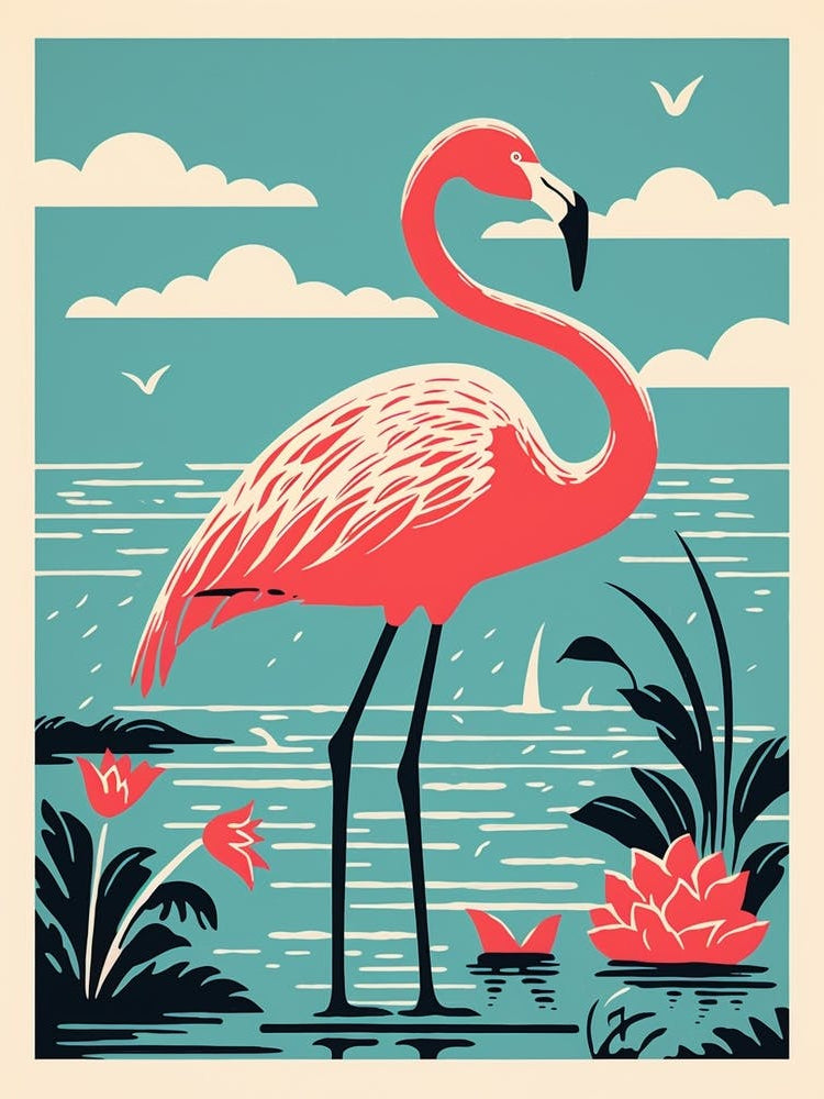 Vintage Bird Linocut Greater Flamingo 5