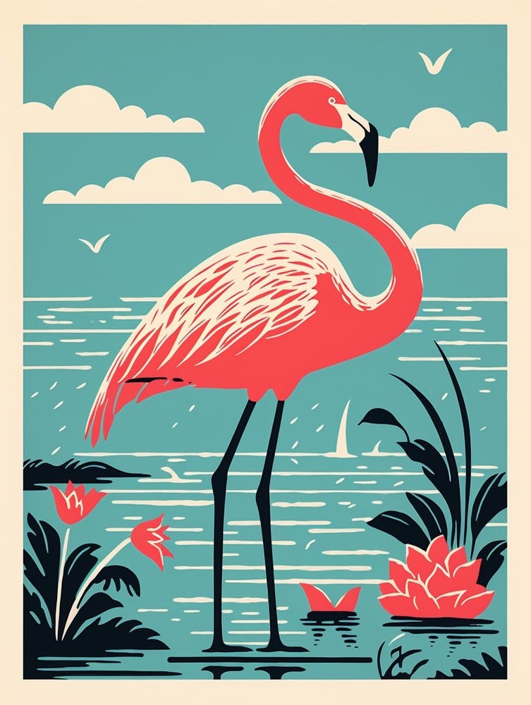 Vintage Bird Linocut Greater Flamingo 5