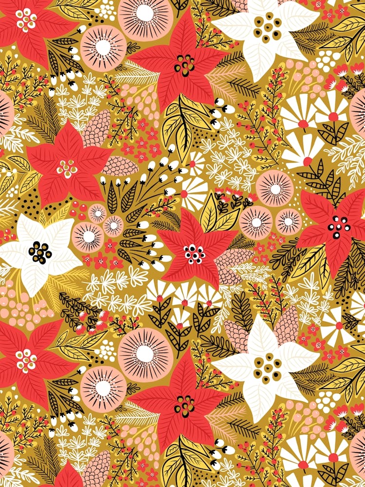 Poinsettia Flowers and Christmas Florals on Ochre Yellow