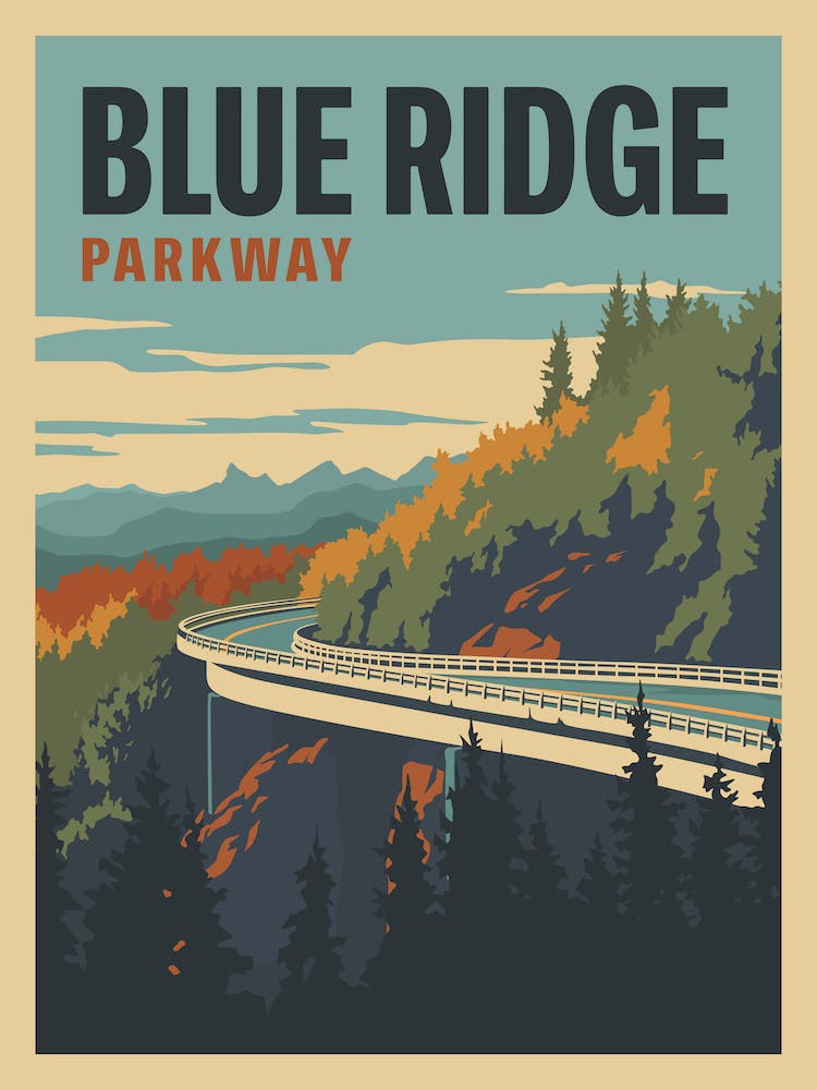 Blue Ridge Parkway Travel Poster Shenandoah National Park to Great Smoky Mountains National Park